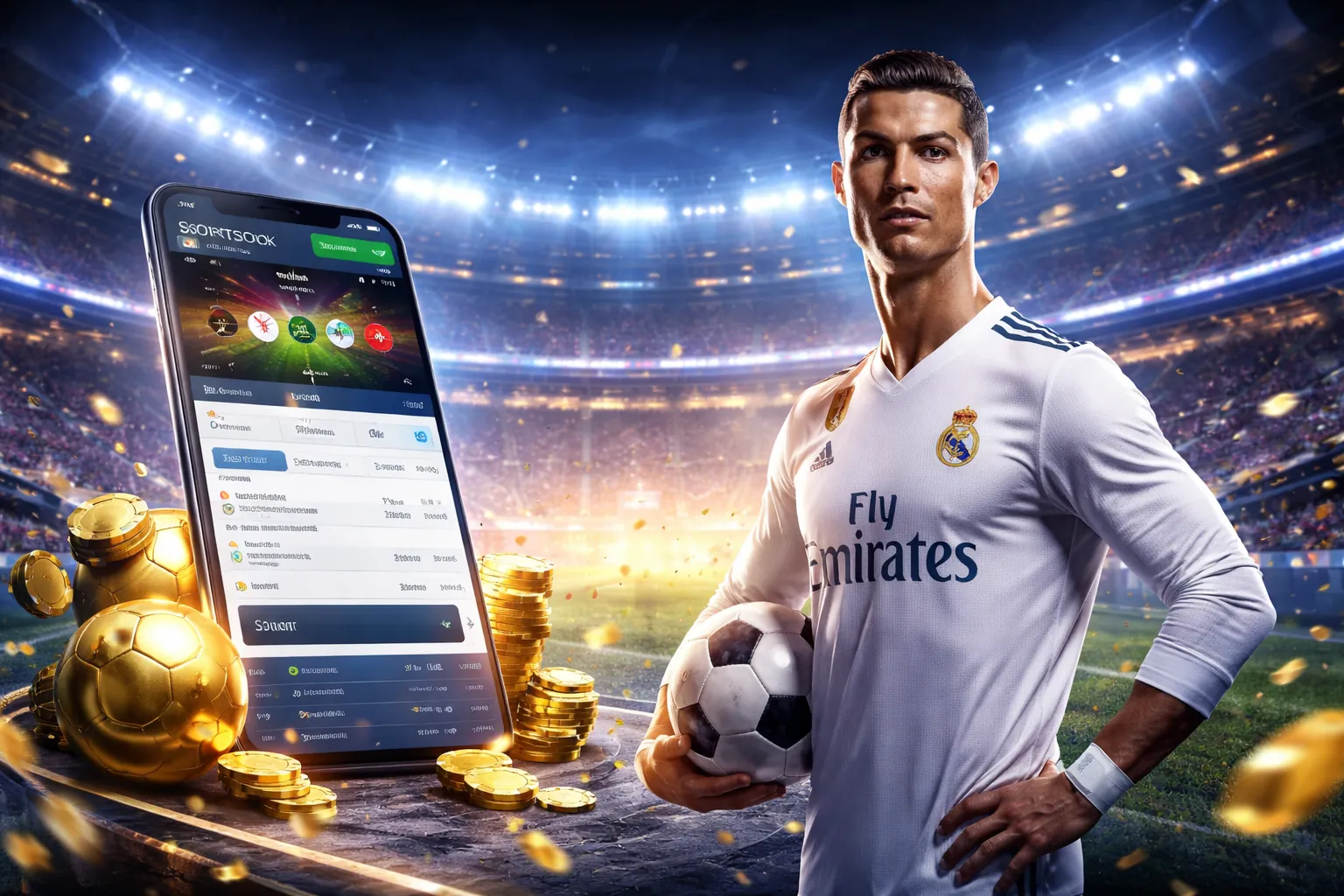 Sân vận động bóng đá với biểu tượng 62 win, thể hiện hướng dẫn cá cược thể thao